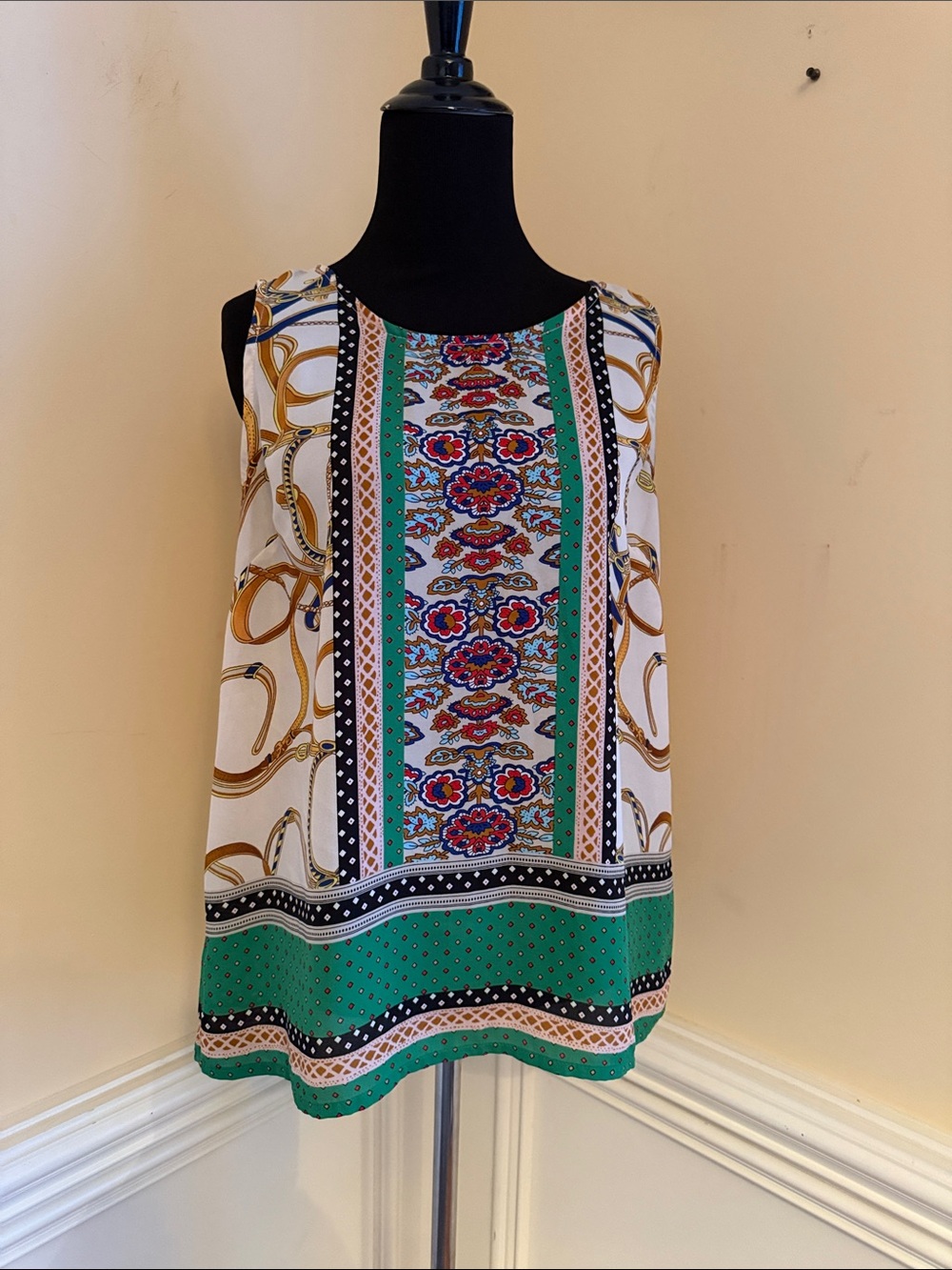 Cynthia Rowley Sleeveless Patterned Green Border Tank Top Size Medium